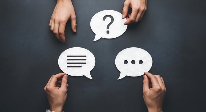 Hands holding various thought bubbles with question marks, text, and ellipses on a dark gray surface, representing communication and discussion.