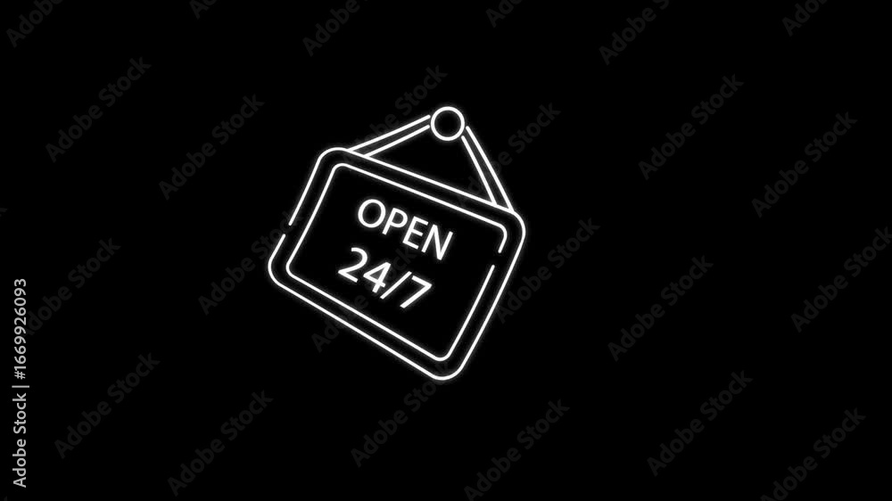 Poster open 24 by 7 line animation. open 24 by 7 animation for business needs. perfect for storefronts, web