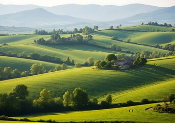 Lush green hills and valleys, gently sloping, create a peaceful, pastoral scene. A farmhouse nestles amongst the vibrant landscape, bathed in soft sunlight.