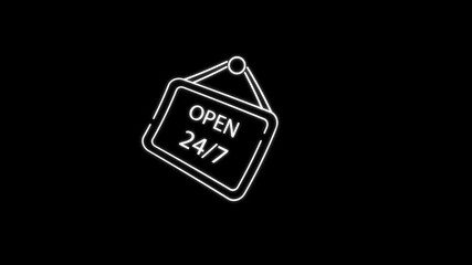 Open 24 by 7 line animation. Open 24 by 7 animation for business needs. Perfect for storefronts, websites, and social media posts to signal availability and accessibility.