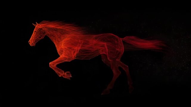 Dynamic neon horse in motion against black background. 2026 year red fiery horse according calendar