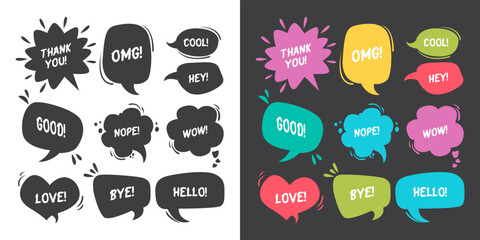 Set Speech bubbles with short phrases: Good, Thank you, See you, Omg, Wow, Hey, Hello, Good, And Love. Design illustration.