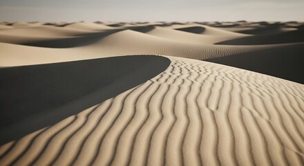 Naklejka premium A close-up view of rippled sand dunes, showcasing intricate patterns and subtle shadows.