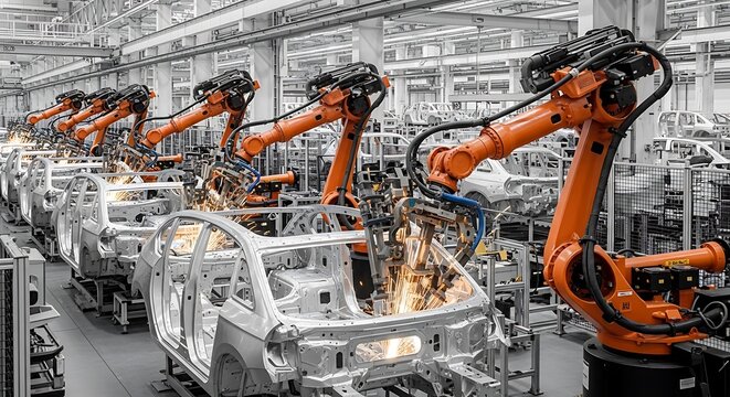 Automated robotic arms assemble car parts in a large factory setting.  Orange industrial robots work efficiently in a modern automotive manufacturing plant.