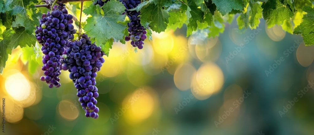 Poster the grape clusters hanging on a sunlit vine with soft bokeh background