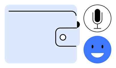 Minimalist wallet icon with microphone and smiling face. Ideal for finance, security, digital payments, voice commands, accessibility, user experience, simple landing page