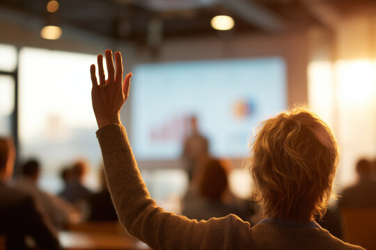 Engaged audience member raising hand during a business presentation in a sunlit conference room