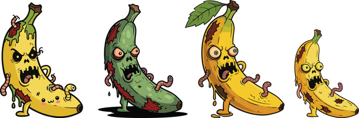 Creepy zombie bananas and cucumber cartoon vector illustration with worms, scary monster fruit design for spooky Halloween food horror artwork