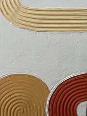 A close-up of a handmade textured 3D abstract painting with raised curved lines in orange, beige,...