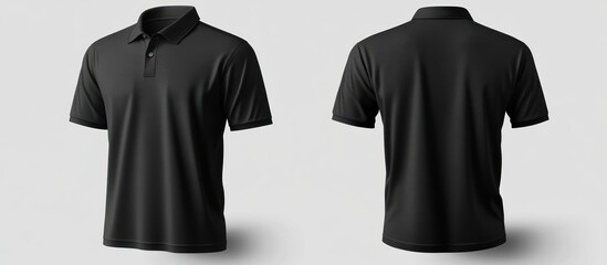 Black polo shirt mockup, front and back views, shown on a neutral background.