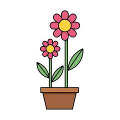 Obraz premium Two vibrant pink daisy flowers with yellow centers in a brown pot isolated on transparent background