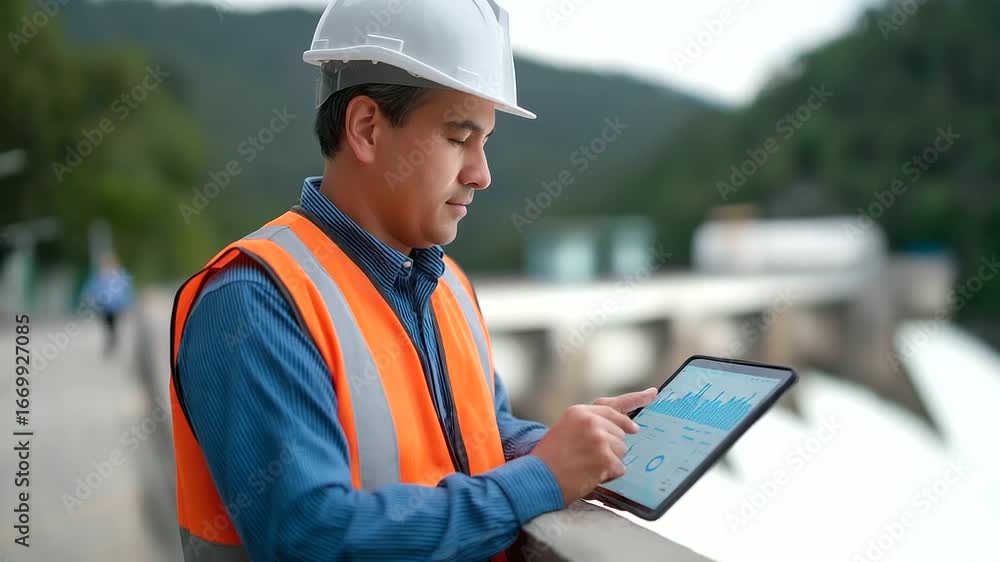 Poster engineer utilizing a tablet to oversee hydropower operations via cloud technology, highlighting sust