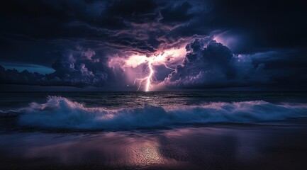 Fototapeta premium Dramatic lightning strike over stormy ocean (3)
