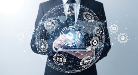 A person in a suit holds a tablet, displaying a 3D globe network graphic with various technology icons, showcasing a global interconnected system.
