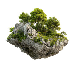 Floating island with lush trees and vibrant greenery, isolated on black