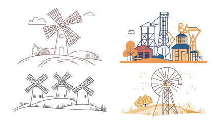 Obraz premium Wheel Line Art Vector Graphic Design – Windmill Illustration