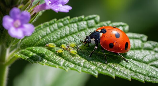 Ladybug on a leaf, aphids present