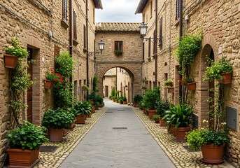 A charming, sun-drenched alleyway lined with terracotta pots filled with vibrant greenery, showcasing ancient stone buildings and a sense of timeless beauty.