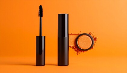 Obraz premium Black mascara tube and wand displayed upright with matching orange packaging on a vibrant orange background.