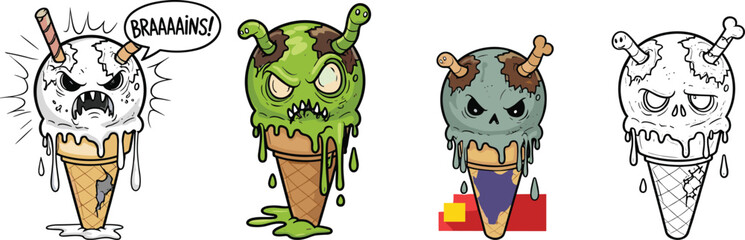 Zombie ice cream cones cartoon set with kawaii, skull, stitched, and cyberpunk styles for Halloween, horror, and digital themes.