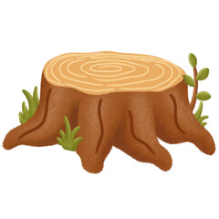 felled cutted down tree cut wood wooden with leaves and grasses isolated on white clipart png transparent illustration