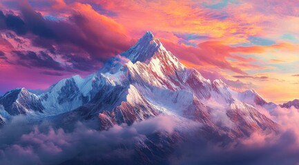Majestic mountain peak, vibrant sunset clouds