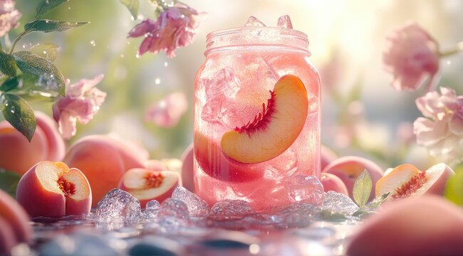 Peach iced tea in a mason jar, surrounded by blossoms and peaches