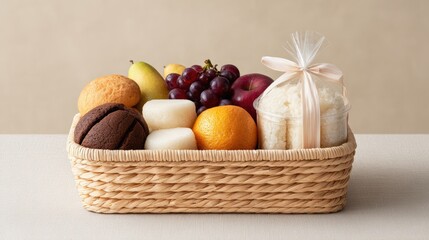 Colorful basket filled with traditional Chuseok fruits, rice cakes, and pastries, showcasing festive offerings for the harvest celebration and family gatherings