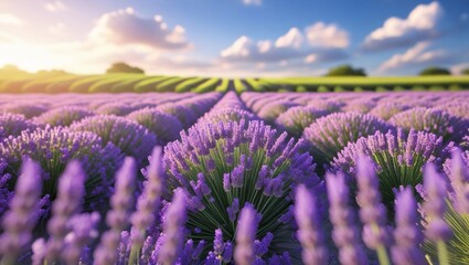 Obraz premium Photorealistic lavender field in full bloom, endless purple rows stretching to horizon under golden sunlight