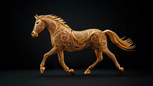 Ornate golden horse with intricate patterns on black background. 2026 year red fiery horse according calendar