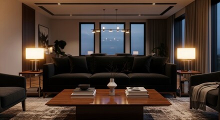 Fototapeta premium Modern, dimly lit living room with dark furniture and a view