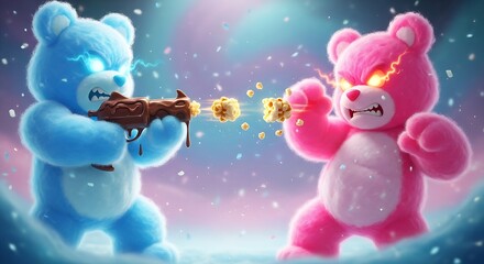 Dynamic blue and pink cartoon bears battle with popcorn projectiles in a vibrant, energetic showdown