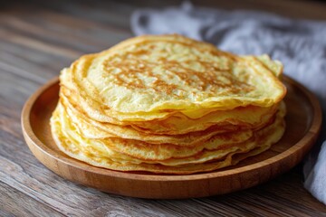 Stack of golden, fluffy pancakes served on a wooden plate, showcasing a delicious breakfast scene with warm textures and inviting ambiance for festive celebrations