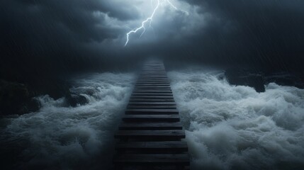 Dramatic stormy pathway: wooden bridge over turbulent waters and lightning strikes