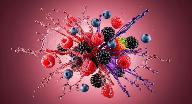 Mixed berries explode in vibrant juice splash