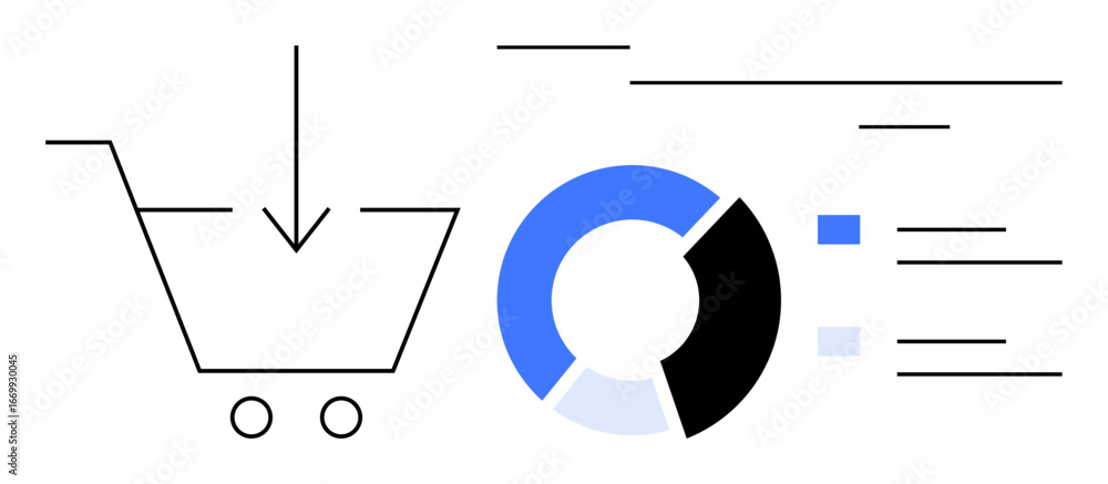 Poster shopping cart with download arrow beside segmented pie chart and lines symbolizing analytics and rep