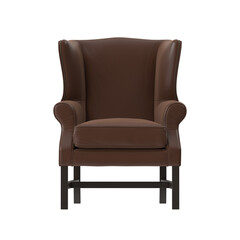 Classic Leather Wingback Chair, Nailhead Trim, Brown Upholstery, Front View 3D Render