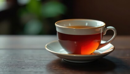 Obraz premium A ceramic teacup filled with amber liquid rests on a dark tabletop , dark, shadow, liquid