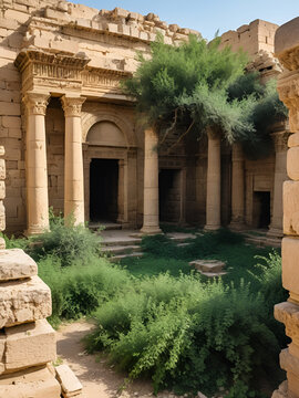 Ancient temple ruins with crumbling stone structures and overgrown vegetation in Hatra