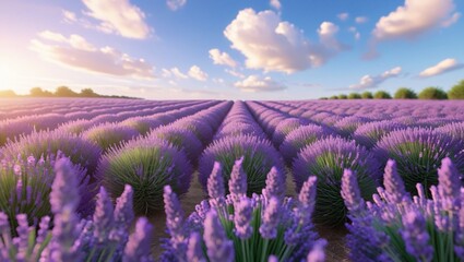 Obraz premium Photorealistic lavender field in full bloom, endless purple rows stretching to horizon under golden sunlight