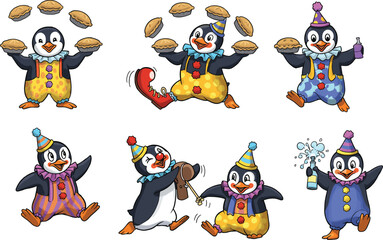 Cartoon clown penguins in playful circus poses, juggling pies, spraying bottles, humorous costumes, fun character vector illustration set for entertainment and kids themes