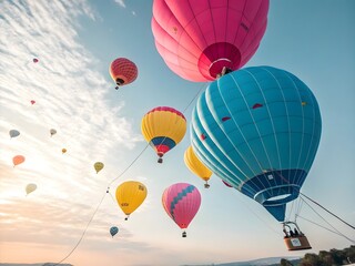 Fototapeta premium Colorful hot air balloons soar against a bright blue sky, creating a sense of freedom and adventure