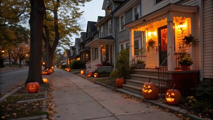 Obraz premium Spooky Halloween night scene with carved pumpkins illuminating a cozy suburban street