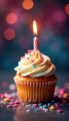 Birthday cupcake, candle flame, bokeh background, happy, image