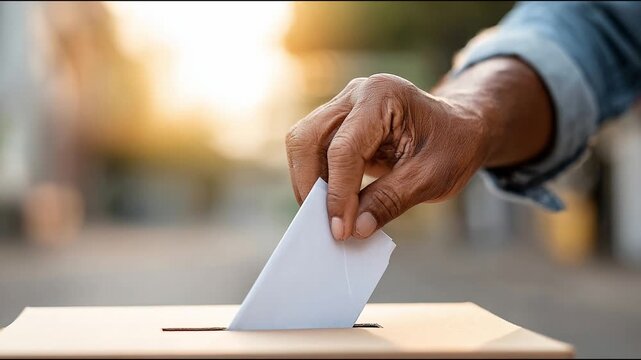 A senior adult placing a paper ballot into a cardboard ballot box. This image captures the essence of democratic rights, civic participation, and the enduring responsibility to vote at all ages.