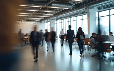Group of office employees at coworking center Business people walking at modern open space Motion blur Concept : Generative AI. High quality
