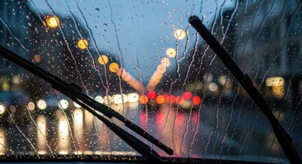 Rainy night view through a car windshield with wipers