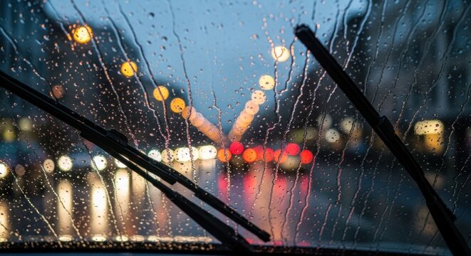 Rainy night view through a car windshield with wipers