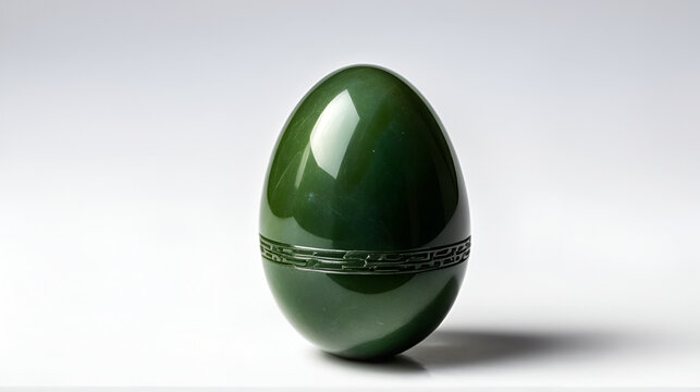 Beautifully polished green nephrite jade egg on a white background