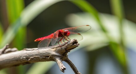 Red dragonfly perched on a branch